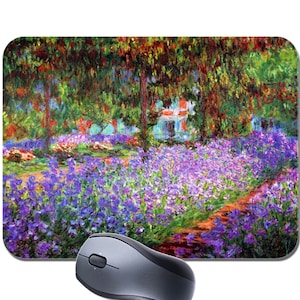 May include: A vibrant painting of a garden scene with a field of purple flowers in the foreground. The flowers are arranged in rows and are surrounded by green trees and bushes. The painting is done in a style reminiscent of Impressionism.