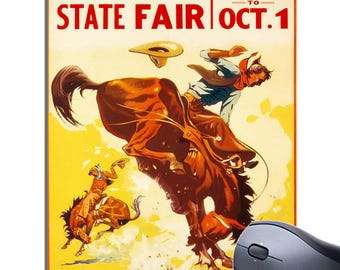 Alfombrilla de ratón con póster de rodeo de la Feria Estatal de los años 30, estilo vaquero vintage del Oeste. Alfombrilla de ratón de alta calidad, regalo de cumpleaños.