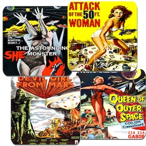 Classic 50&#39;s Sci Fi Women Movie Poster Coasters Set Of 4. High Quality Cork Fifties Science Fiction Horror Film. Attack Of The 50 FT Woman
