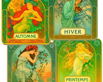Juego de 4 posavasos inspirados en las estaciones del año de Alphonse Mucha. Primavera, otoño, invierno. Con base de corcho de alta calidad.