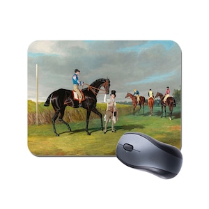 May include: A painting depicting a horse race with jockeys riding horses in a field. The horses are brown and black, and the jockeys are wearing colorful clothing. The painting is set against a cloudy sky.