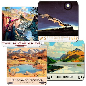 Juego de 4 posavasos con póster de ferrocarril de Escocia en tren. Corcho de alta calidad. Las tierras altas, Cairngorms, Loch Lomund. Regalo de Gran Bretaña en tren