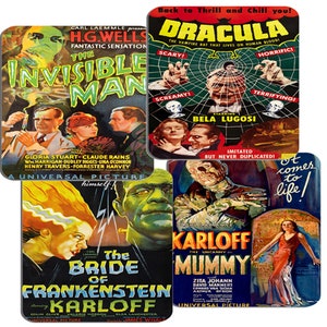 Classic 1930s Horror Movie Poster Coasters Set Of 4. High Quality Cork Backed Drinks Coaster Set. Dracula Film, Invisible Man, The Mummy