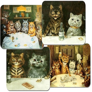 Louis Wain Katzen haben Party Spaß. Untersetzer 4er-Set. Hochzeit Frühstück, Junggesellenabschied. Trinkende Kätzchen. Geschenk