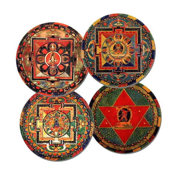 Buddhist Mandala High Quality Cork Round Coasters Set Of 4. Buddha Tibetan Buddhism Vintage ancient Art Drinks Coaster