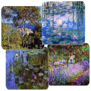 May include: Four paintings by Claude Monet, featuring water lilies, a garden with purple flowers, and a landscape with a tree and a view of the sea.