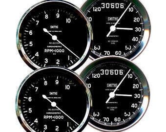 Juego de 4 posavasos redondos Smiths con velocímetro y cuentarrevoluciones para motocicleta. Posavasos con base de corcho, diseño vintage de motocicleta británica.