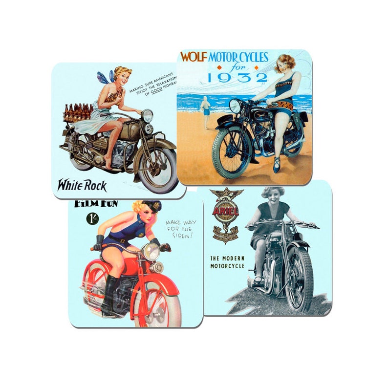 Vintage 1930/'s Motorcycles Advertising Coasters Set Of 4 High Quality Cork Biker Classic Bike Gift Thirties Girls on Motorbikes