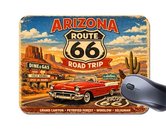 Alfombrilla de ratón con diseño de la Ruta 66 de Arizona – Alfombrilla de ratón con arte retro vintage de coches estadounidenses – Regalo único para los amantes de la cultura americana.