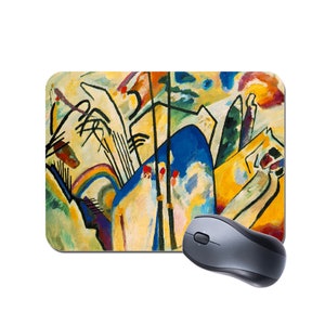 May include: Abstract art mouse mat featuring a colourful, geometric design with shades of blue, yellow, red, and white. The design is reminiscent of a painting by Wassily Kandinsky.