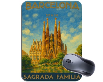 Alfombrilla de ratón con póster vintage de viajes y trenes de Barcelona, España. Alfombrilla de ratón de alta calidad para ordenador.