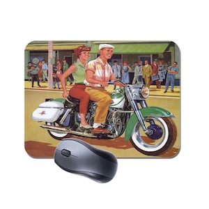 May include: A vintage illustration of a couple riding a green motorcycle down a city street. The man is wearing a plaid shirt and the woman is wearing a green shirt and red pants. The motorcycle has a white sidecar.