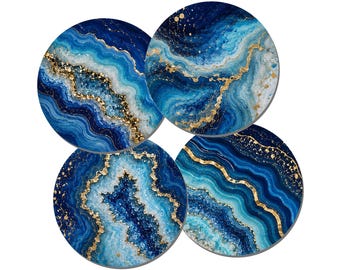 Juego de posavasos inspirados en ágata azul / Posavasos estilo geoda azul y dorada / Posavasos con base de corcho / Decoración abstracta para el hogar con piedras preciosas / Juego de 4