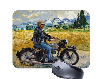 Alfombrilla de ratón Vincent en motocicleta – Inspirada en Van Gogh – Alfombrilla de ratón artística de regalo – Parte superior de tela, reverso de goma – Accesorio de escritorio original