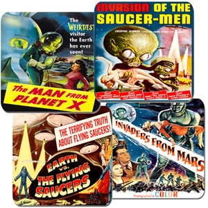 Classic 50&#39;s Sci Fi Space Movie Poster Coasters Set Of 4. High Quality Cork Fifties Monster Science Fiction Film. Invasion Of The Saucer Men