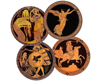 Ancient Greek Mythology Round Coasters Set of 4 – High Quality Cork Backed Drinks Coaster Gift, Handmade in UK, Classical Art Decor