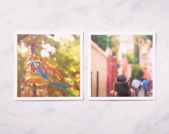 Ribbons in Summer Wind & Flowers in Her Hair | Two 5x5 inch Matte Prints | Travel Postcard, San Miguel De Allende, Dia de los Locos, Mexico