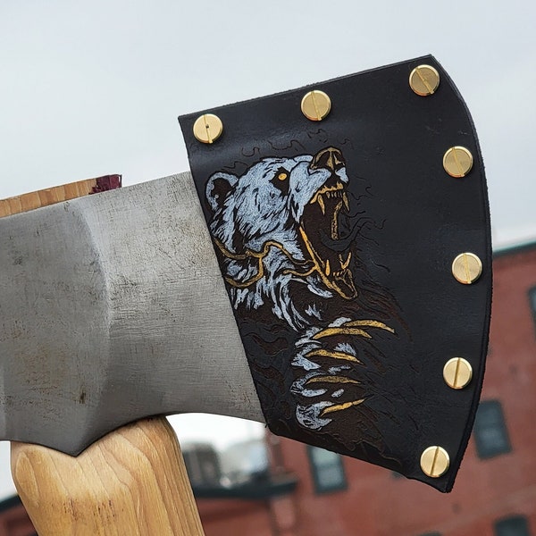 Distal Big Axe Cuero de búfalo genuino Pintado a mano Venom Bear Sheath