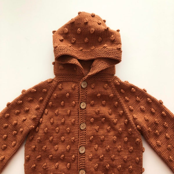Popcorn Hoodie - Handmade Popcorn Cardigan - 100% Organic Cotton - Natural, Ethically made, Natural Earth Colors