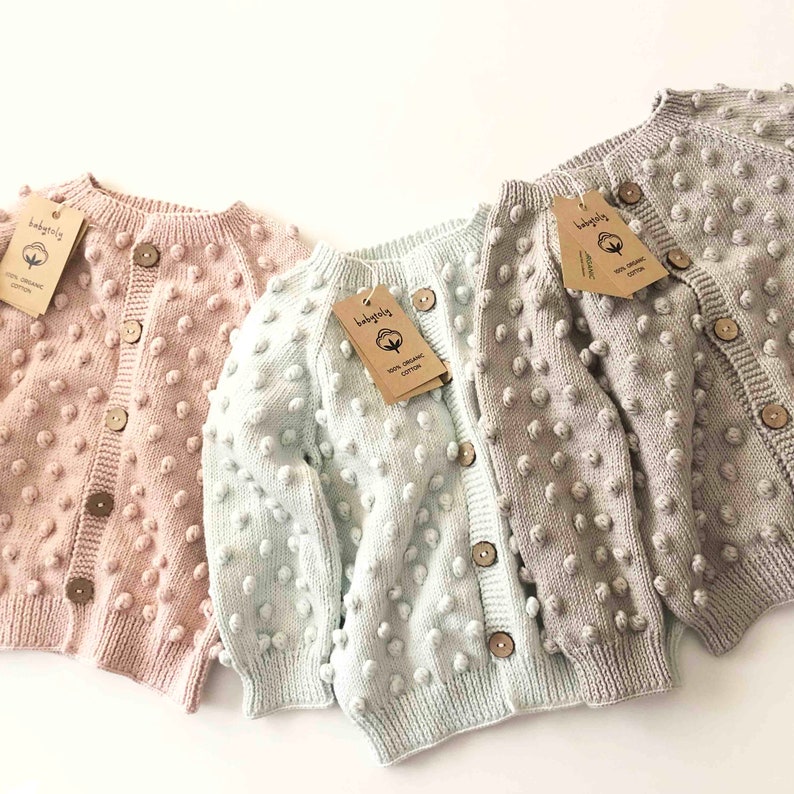 Hand Knitted Popcorn Cardigan Handmade Popcorn Sweater 100% Organic Cotton Natural, Ethically made, Pastel colors sustainably handmade image 5