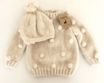 Hand Knitted Baby Alpaca Popcorn Sweater Beanie Set - Handmade Alpaca Popcorn Set, 100% Baby Alpaca - Ethically made, natural-oatmeal colors