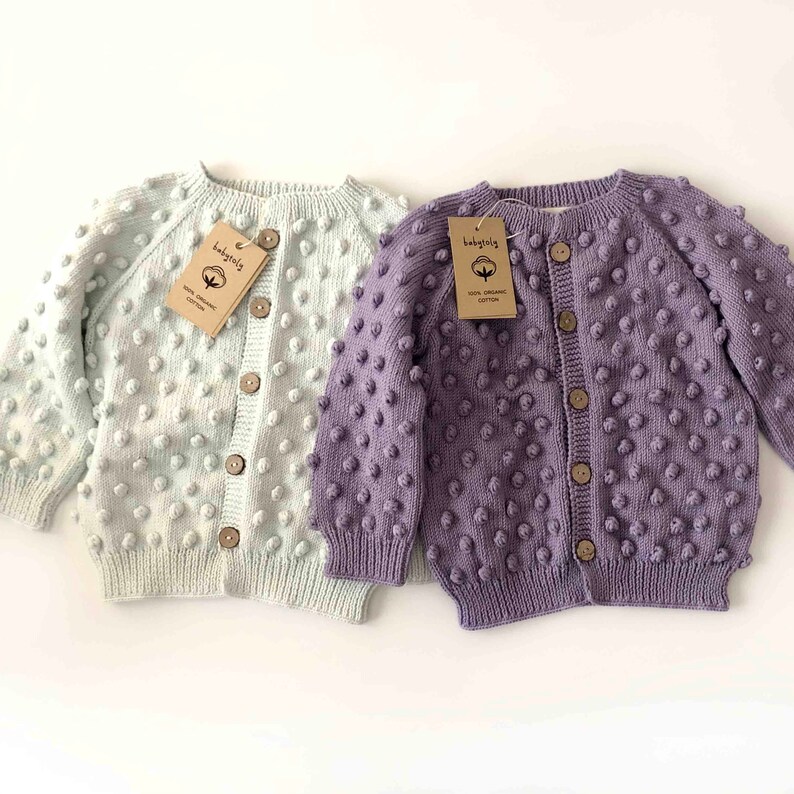 Hand Knitted Popcorn Cardigan Handmade Popcorn Sweater 100% Organic Cotton Natural, Ethically made, Pastel colors sustainably handmade image 4