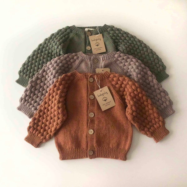 Bubble stitch cardigan, hand knitted kids cardigan, handmade with GOTS Organic Cotton yarns, ethical, sustainable, organic, supersoft