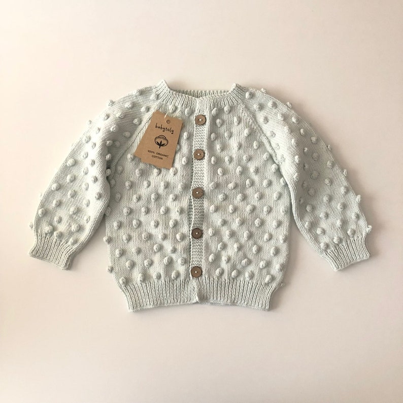 Hand Knitted Popcorn Cardigan Handmade Popcorn Sweater 100% Organic Cotton Natural, Ethically made, Pastel colors sustainably handmade image 2