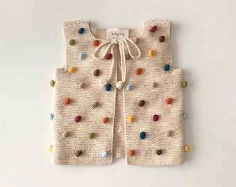 Débardeur tricoté à la main pour bébé/enfant - Débardeur pop-corn - Tricots pour enfants faits main - 100 % coton biologique - Naturel, fabriqué de manière éthique, Différentes couleurs