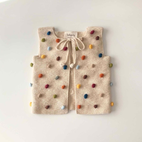 Gilet per neonati/bambini lavorato a mano - Gilet popcorn - Maglieria per bambini fatta a mano - 100% cotone biologico - Naturale, prodotto eticamente, vari colori