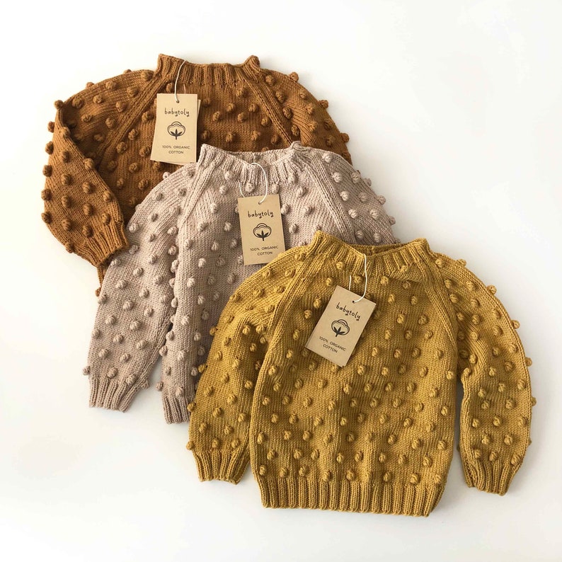 Hand Knitted Popcorn Sweater Handmade Popcorn Pullover 100% Organic Cotton Organic, Ethically made, Natural Earth colors image 2