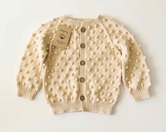 Hand Knitted Baby Cardigan - Popcorn Cardigan - Handmade Baby Sweater - 100% Organic Cotton - Natural, Ethically made, Natural colors