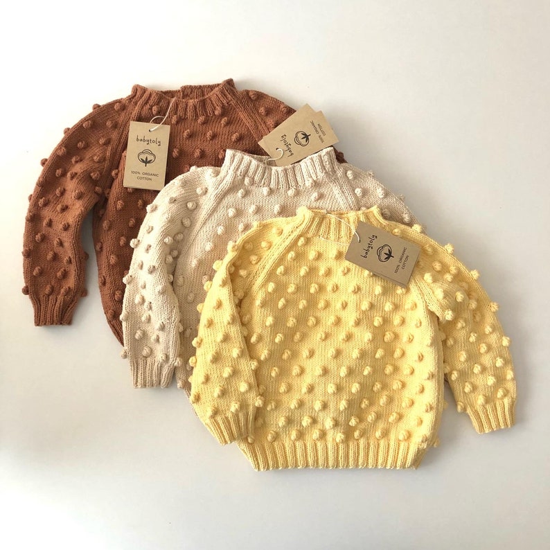 Hand Knitted Popcorn Sweater Handmade Popcorn Pullover 100% Organic Cotton Organic, Ethically made, Natural Earth colors image 1