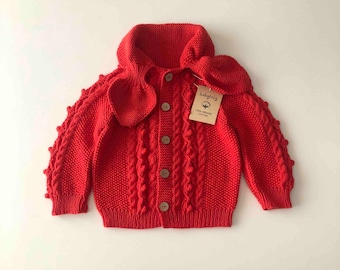 Hazel cardigan, hand knitted kids cardigan, handmade with GOTS Organic Cotton yarns, ethical, sustainable, organic with attached scarf