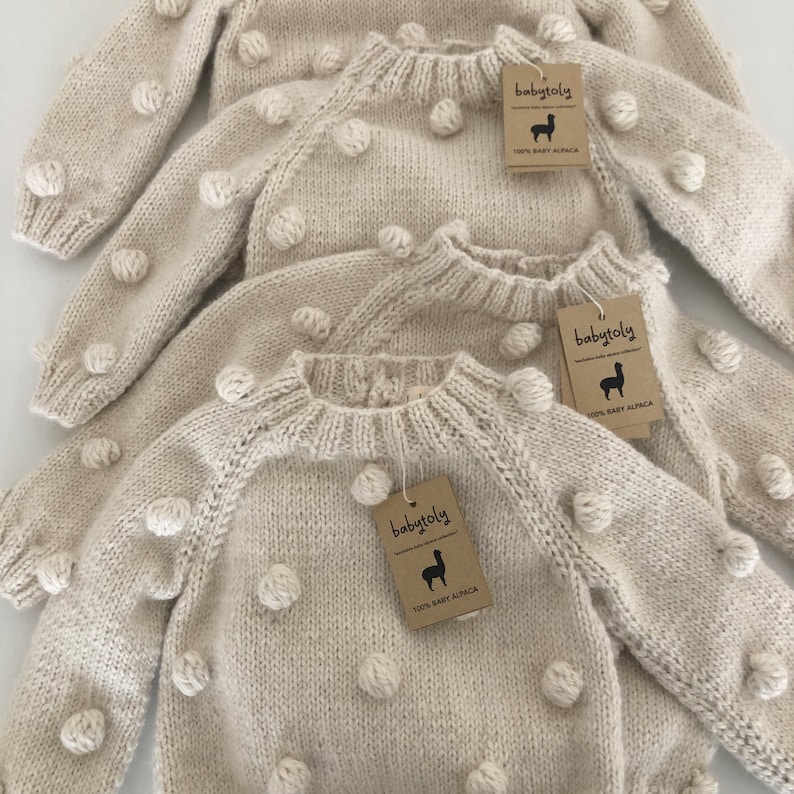 Hand Knitted Baby Alpaca Popcorn Sweater Handmade Alpaca Popcorn Sweater, 100% Baby Alpaca Ethically made, Earth colors, natural-oatmeal image 3