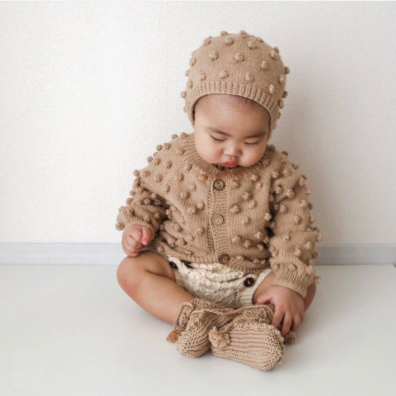 Hand Knitted Baby Cardigan Popcorn Cardigan Handmade Baby Sweater 100% Organic Cotton Natural, Ethically made, Various colors image 4