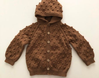 Popcorn Hoodie - Handmade Popcorn Cardigan - 100% Organic Cotton - Natural, Ethically made, Natural Earth Colors