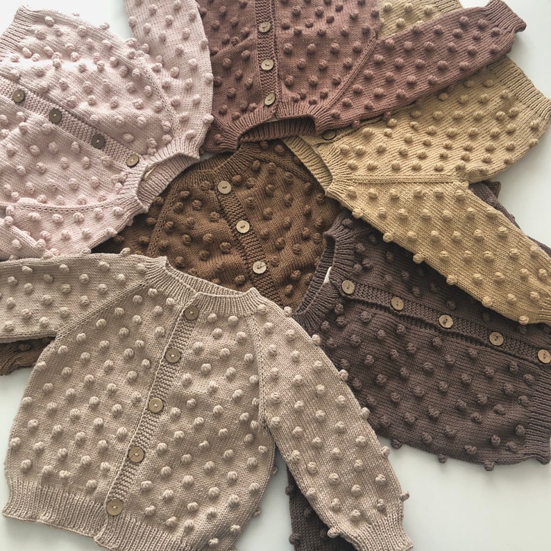 Hand Knitted Baby Cardigan Popcorn Cardigan Handmade Baby Sweater 100% Organic Cotton Natural, Ethically made, Various colors image 1