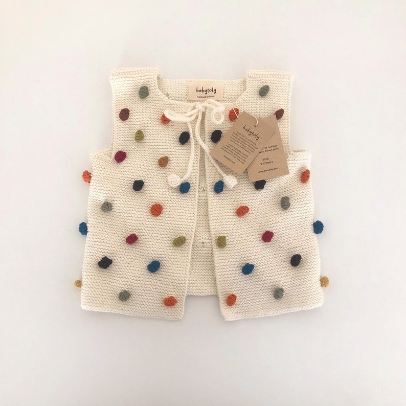 Hand Knitted Baby / Kids Vest Popcorn Vest Handmade Kids Knitwear 100% Organic Cotton Natural, Ethically made, Various colors image 5