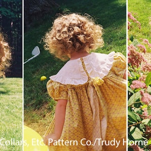 以下が含まれることがあります： 金色の巻き毛の女の子が、白いレースの襟が付いた黄色の花柄のドレスを着ています。彼女は草地のフィールドで遊んでいます。