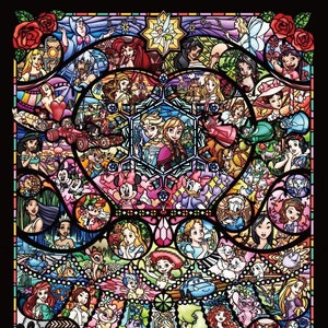 May include: A colorful stained glass style illustration featuring various Disney characters, including princesses, fairies, and animals. The image is divided into sections with the words "Heroine" and "Collection" at the bottom.