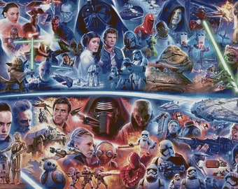 May include: A collage of characters and scenes from the Star Wars saga. The artwork features a variety of characters, including Darth Vader, Luke Skywalker, and Princess Leia, with a blue and purple color scheme.