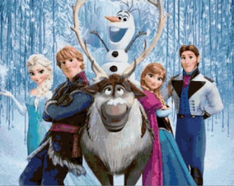 May include: A group of animated characters from the movie Frozen, including Elsa, Anna, Kristoff, Olaf, and Sven the reindeer, standing in a snowy forest setting.