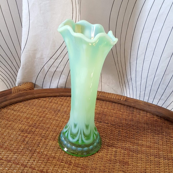 Northwood Green Opalescent Glass Jewels Drapery Swung Vase