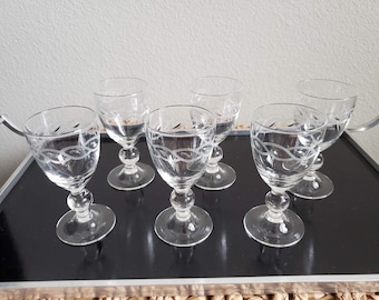 Vintage Cordial Glasses, Vintage Wine Glasses, Etched Glasses, Vintage Crystal Glasses, Set of 6