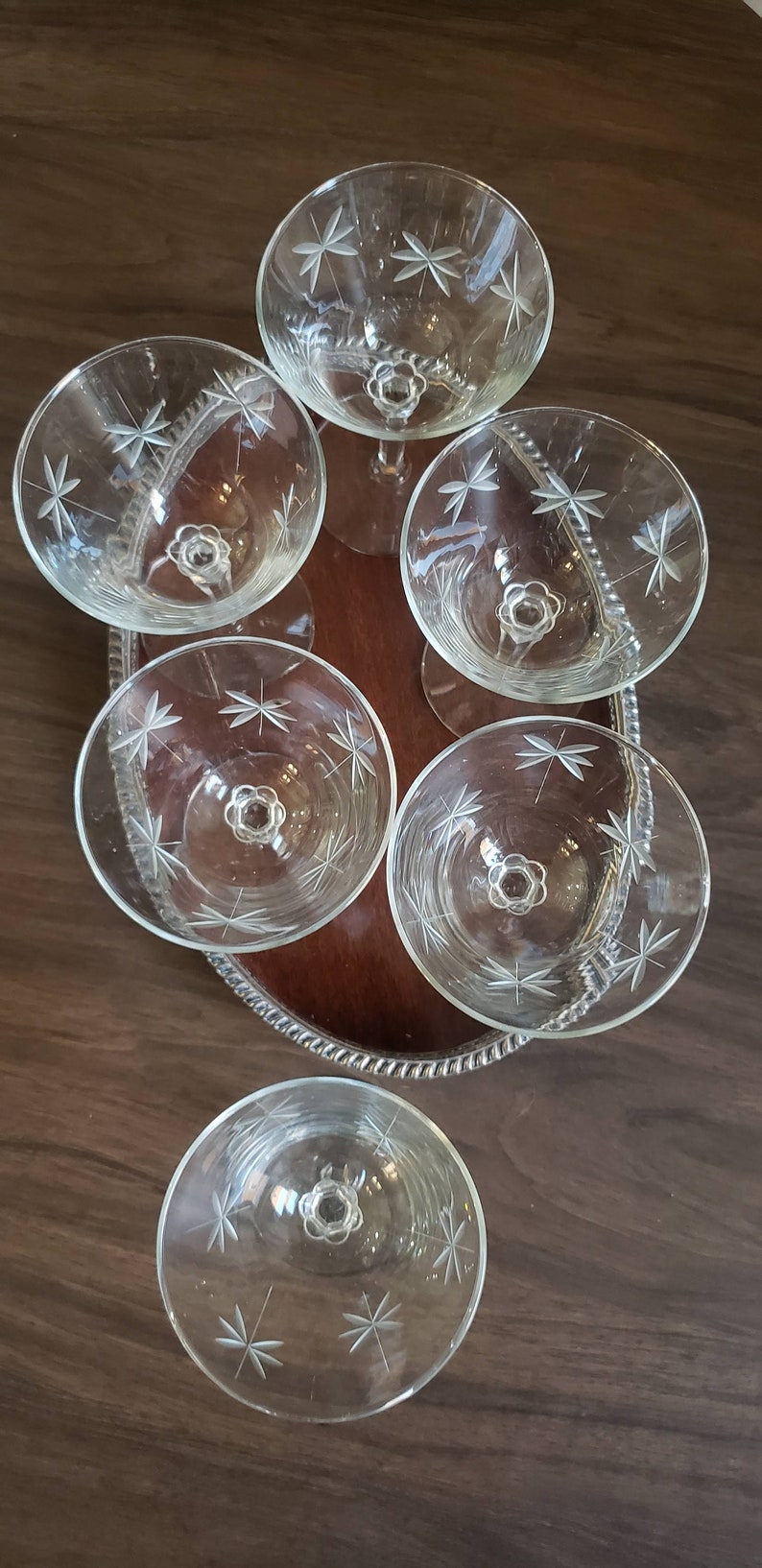 Vintage Coupe Glasses, Libbey Candlelight, Cocktail Glass, Martini Glass, Star Glass, Etched Coupe Glass, Set of 4 or 6 image 7