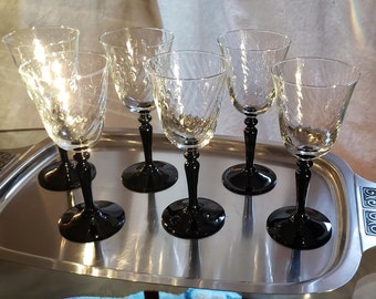 Vintage Glassware, Vintage Cristal D'Arques Durand, Black Stem Glassware, Swirl Glassware, Wine Glass, Vintage Barware, Set of 6