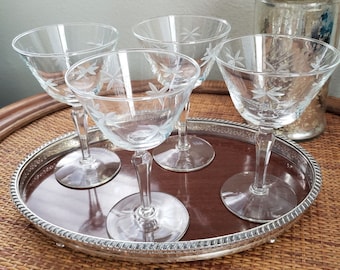 Vintage Coupe Glasses, Libbey Candlelight, Cocktail Glass, Martini Glass, Star Glass, Etched Coupe Glass, Set of 4 or 6