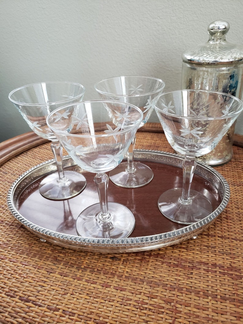 Vintage Coupe Glasses, Libbey Candlelight, Cocktail Glass, Martini Glass, Star Glass, Etched Coupe Glass, Set of 4 or 6 Set of 4