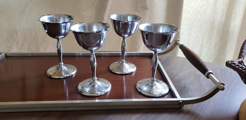 Vintage Stainless Steel Cordial Glasses, Vintage Cordial Glasses, Vintage Barware, Vintage Glassware, Stainless Steel Barware, Set of 4 image 1